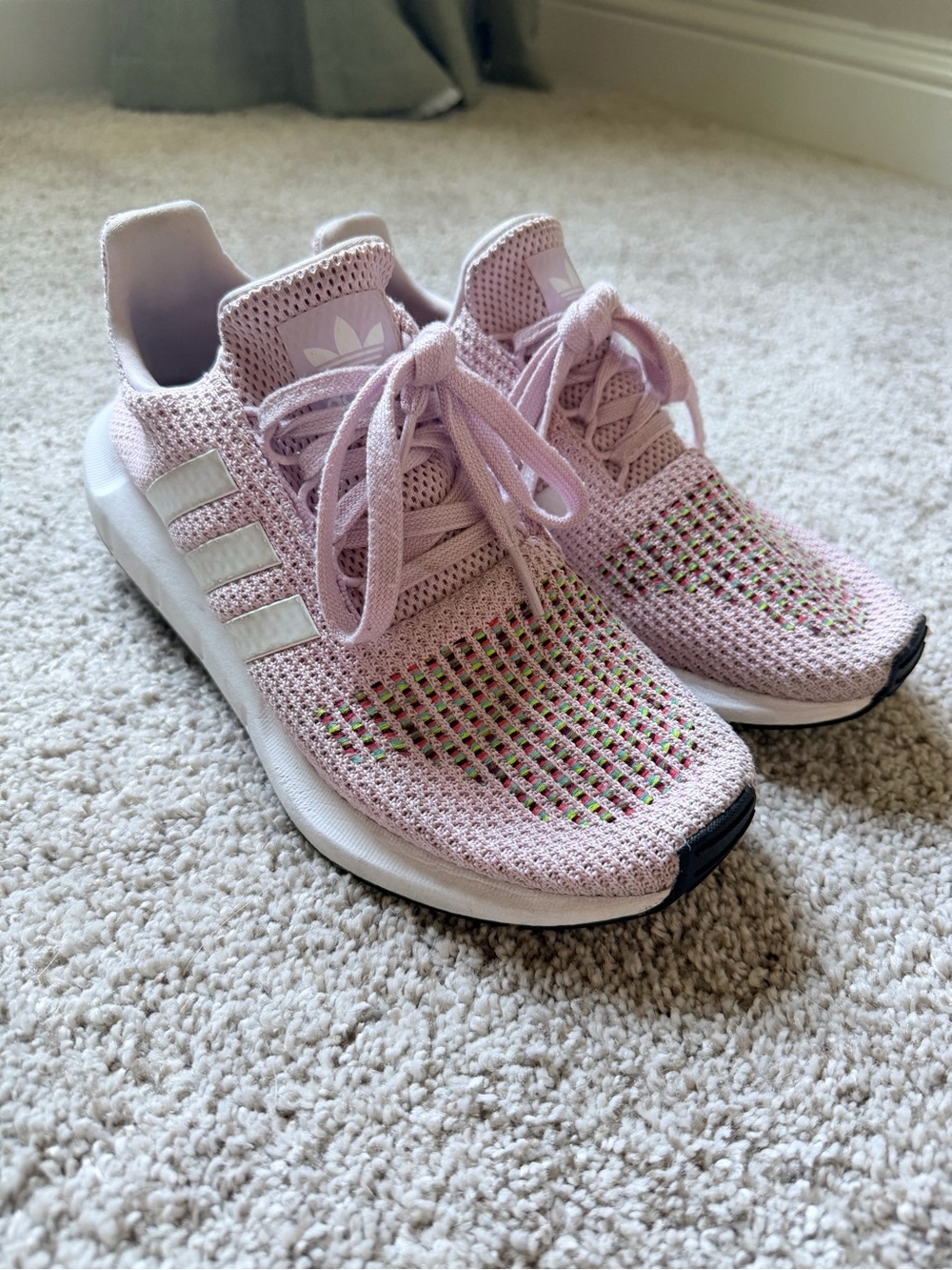 adidas Light Pink Knit Athletic Sneakers with White Stripes
